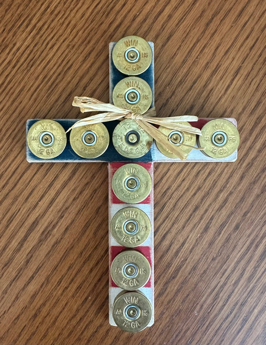 Shotgun casing red white blue cross