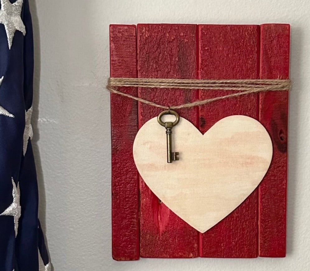 Rustic heart with key (red background)